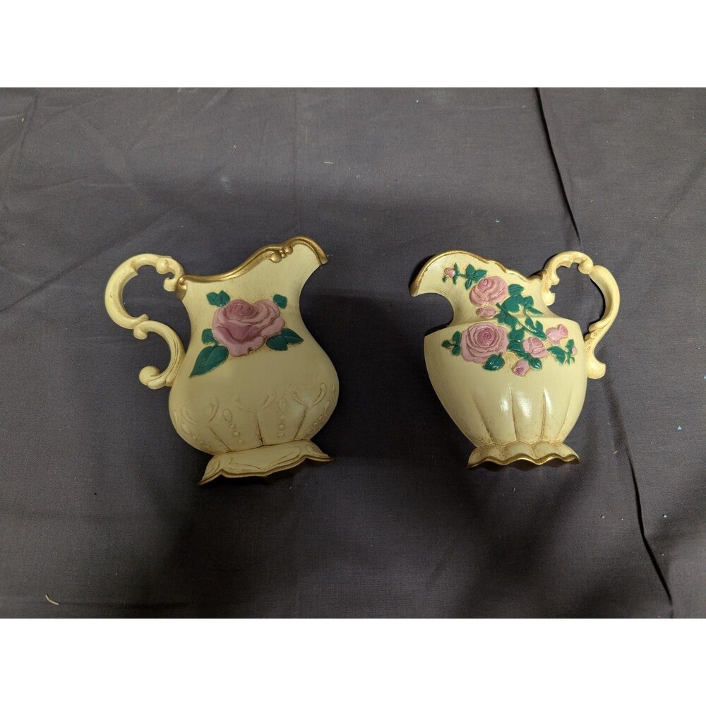 2 Homco VTG Retro Country Farmhouse Rose Floral Pitcher Wall Pocket Plaques
